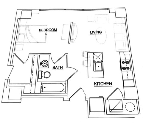 Floor plan for 1 bed, 1 bath, 534 sqft